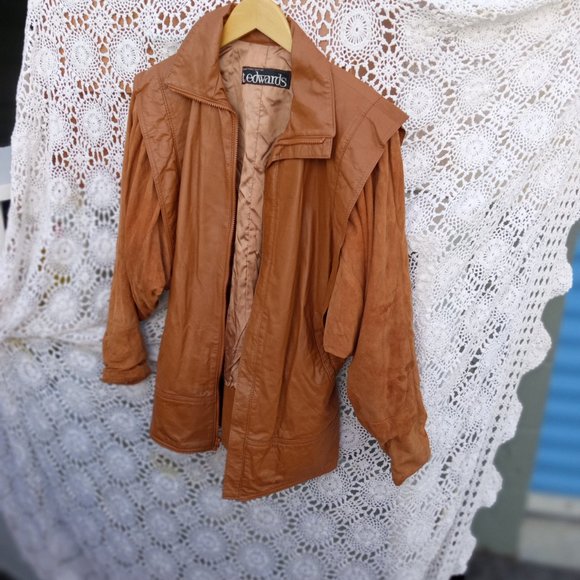 Vintage 80s T Edwards Leather Jacket Flare Shoulders Pockets Lined Cognic - Picture 4 of 10